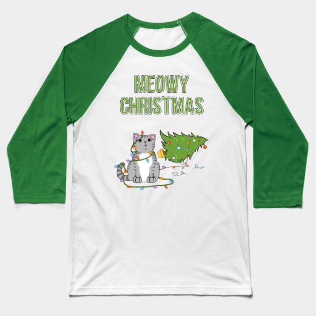 Meowy Christmas Gray Tabby Cat Knocked Over Xmas Tree Baseball T-Shirt by xenotransplant